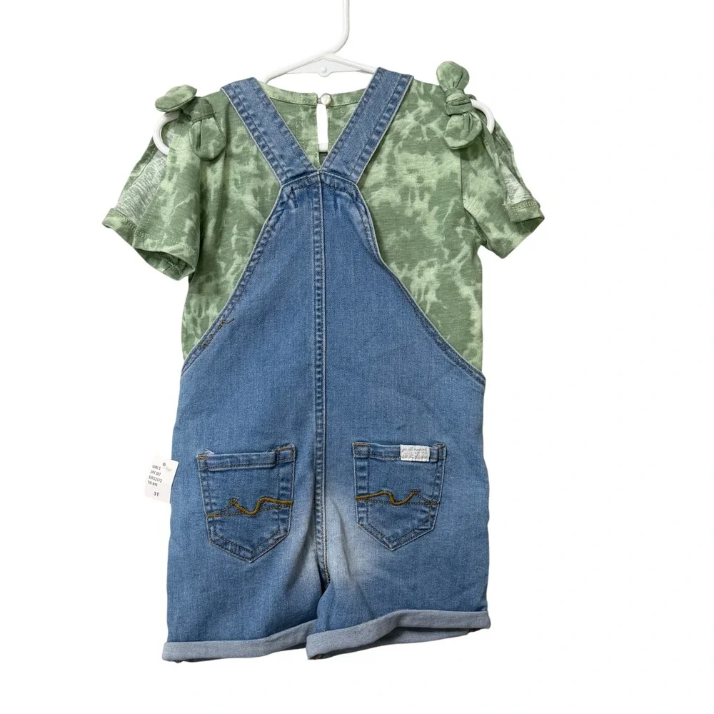 7 For All Mankind Girls 3T‎ Denim Shortalls & Green Tie Dye T-Shirt Outfit Boho